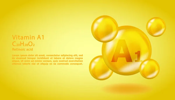 3Dビタミン分子A1レチノイン酸設計。現実的なA1レチノイン酸ビタミンドロップ.黄栄養複合イラスト. — ストックベクタ