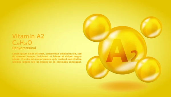 3D-vitamin molekula A2 dehidroretinol design. Realisztikus A2 Dehydroretinol Vitamincsepp. Sárga táplálkozás komplex illusztráció. — Stock Vector