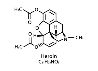 Eroin moleküler yapısı. Eroin iskelet kimyasal formülü. Kimyasal moleküler formül vektör çizimi