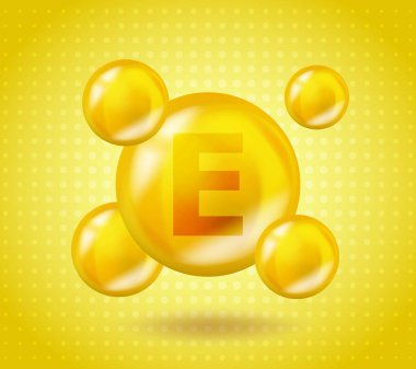Gerçekçi E vitamini Tocotrienol tasarımı. Sarı beslenme illüstrasyon kavramı. 3D Vitamin Kompleksi E Tocotrienol tasarımı. İlaç kapsülünü bırak.