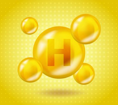 Gerçekçi H vitamini dizaynı. Sarı beslenme illüstrasyon kavramı. 3 boyutlu vitamin kompleksi H Biotin tasarımı. İlaç kapsülünü bırak.
