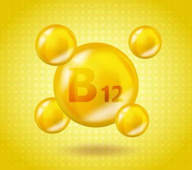 Gerçekçi B12 vitamini siyanokobalamin tasarımı. Sarı beslenme illüstrasyon kavramı. 3 boyutlu vitamin kompleksi B12 siyanokobalamin tasarımı. İlaç kapsülünü bırak.