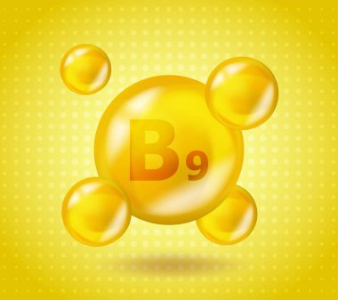 Gerçekçi vitamin B9 Folik asit tasarımı. Sarı beslenme illüstrasyon kavramı. 3 boyutlu vitamin kompleksi B9 folik asit tasarımı. İlaç kapsülünü bırak.