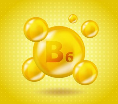 Gerçekçi B6 Vitamini Pyridoxine tasarımı. Sarı beslenme illüstrasyon kavramı. 3 boyutlu vitamin kompleksi B6 Pyridoxine tasarımı. İlaç kapsülünü bırak.