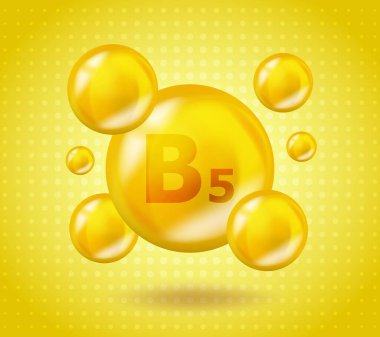 Gerçekçi B5 Vitamini Pantothenic tasarımı. Sarı beslenme illüstrasyon kavramı. 3 boyutlu vitamin kompleksi B5 Pantothenic tasarımı. İlaç kapsülünü bırak.