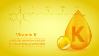 Yapısal kimyasal formüllü gerçekçi K Phylloquinone Vitamin damlası. 3 boyutlu vitamin molekülü K Phylloquinone tasarımı. İlaç kapsülünü bırak.