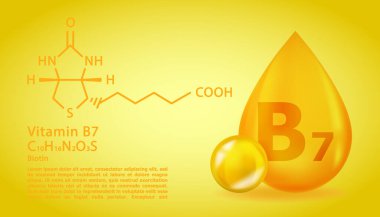 Yapısal kimyasal formüllü gerçekçi B7 vitamin düşüşü. 3 boyutlu vitamin molekülü B7 biyotin tasarımı. İlaç kapsülünü bırak.
