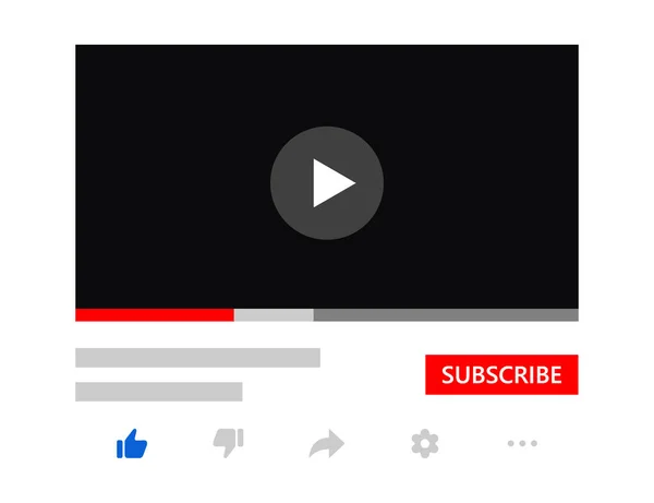 Reproductor de vídeo con elementos de diseño de suscripción. Plantilla de maqueta de interfaz de reproductor de vídeo para canal wireframe. — Vector de stock