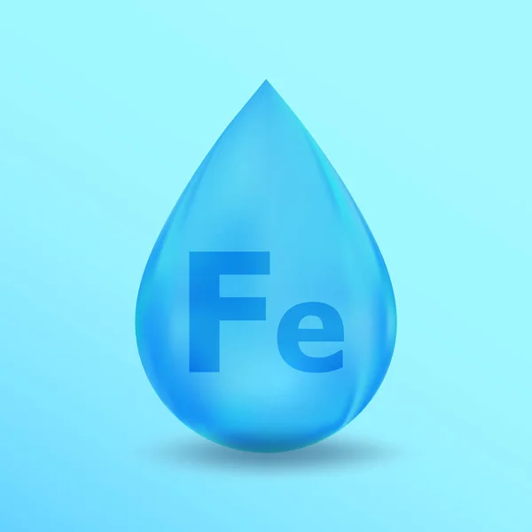 Realistico Mineral drop Fe Iron design. Progettazione blu di nutrizione per bellezza, cosmetica, pubblicità della brughiera. Design minerale di ferro Fe — Vettoriale Stock
