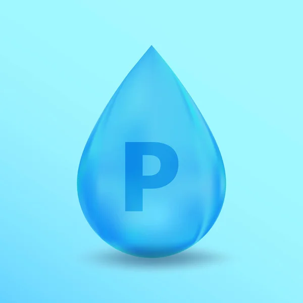 Realistisk Mineral droppe P Fosfor design. Blå näringslära för skönhet, kosmetik, heath reklam. P Fosfor Mineraldesign — Stock vektor