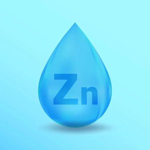 Realistisches Mineral Drop Zn Zink Design. Blaues Ernährungsdesign für Schönheit, Kosmetik, Heidewerbung. Zn Zink Mineral Design — Stockvektor