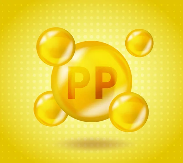 Realistisk design av vitamin PP Niacin. Gult näring illustration koncept. 3D Vitamin komplex PP Niacin design. Droppe piller kapsel. — Stock vektor