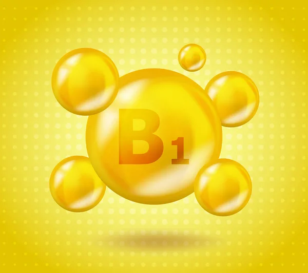 Réaliste Vitamine B1 Thiamine design. Concept d'illustration nutritionnelle jaune. Complexe vitaminique 3D B1 Thiamine design. Goutte capsule pilule. — Image vectorielle