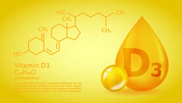Realistico D3 Colecalciferolo Goccia di vitamina con formula chimica strutturale. Molecola di vitamina 3D D3 Design del colecalciferolo. Capsula pillola goccia. — Vettoriale Stock