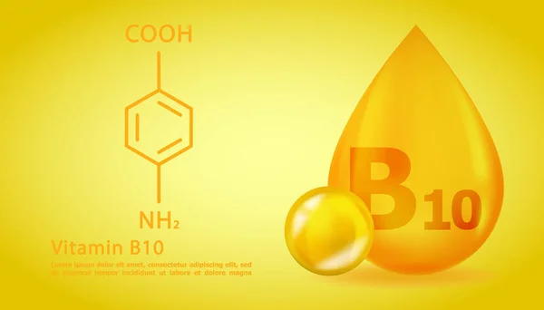 Realistico B10 4-Acido aminobenzoico Goccia vitaminica con formula chimica strutturale. Molecola di vitamina 3D B10 4-Aminobenzoic design acido. Capsula pillola goccia. — Vettoriale Stock