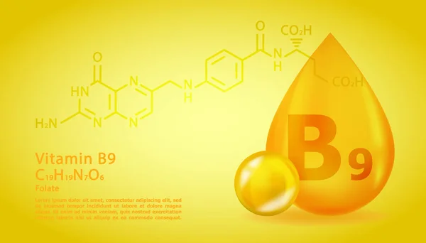 Realisztikus B9 Folát-vitamin csepp strukturális kémiai képlet. 3D-vitamin molekula B9 Folát design. Dobja tabletta kapszula. — Stock Vector