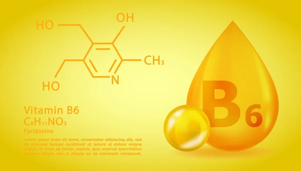 Realistico B6 Piridossina Goccia di vitamina con formula chimica strutturale. Molecola di vitamina 3D B6 Progettazione della piridossina. Capsula pillola goccia. — Vettoriale Stock