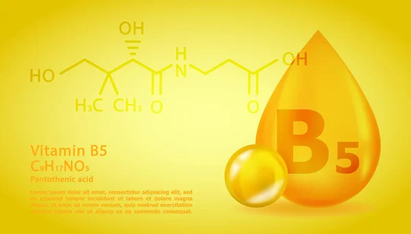 Realistischer Vitamintropfen B5 Pantothensäure mit strukturchemischer Formel. 3D Vitaminmolekül B5 Pantothensäure Design. Drop-Pille-Kapsel. — Stockvektor