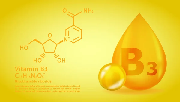 Realistischer B3 Nicotinamid Ribosid Vitamintropfen mit strukturchemischer Formel. 3D Vitaminmolekül B3 Nicotinamid Ribosid Design. Drop-Pille-Kapsel. — Stockvektor