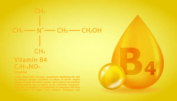 Realistischer B4 Cholin Vitamin Tropfen mit strukturchemischer Formel. 3D Vitaminmolekül B4 Cholin Design. Drop-Pille-Kapsel. — Stockvektor