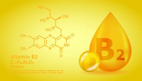 Realistico B2 Riboflavina Goccia di vitamina con formula chimica strutturale. Molecola di vitamina 3D B2 Design della riboflavina. Capsula pillola goccia. — Vettoriale Stock