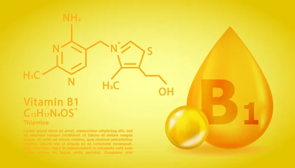 Realistico B1 Tiamina Goccia di vitamina con formula chimica strutturale. Molecola di vitamina 3D B1 Design della tiamina. Capsula pillola goccia. — Vettoriale Stock