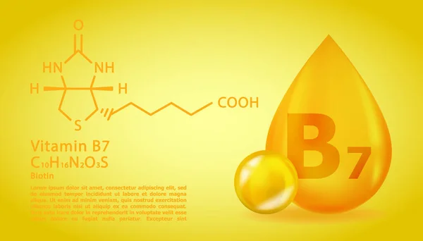 Realistischer B7 Biotin Vitamin Tropfen mit strukturchemischer Formel. 3D Vitaminmolekül B7 Biotin Design. Drop-Pille-Kapsel. — Stockvektor