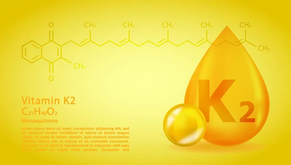Realisztikus K2 Menaquinone Vitamincsepp strukturális kémiai képlet. 3D-vitamin molekula K2 Menaquinone design. Dobja tabletta kapszula. — Stock Vector