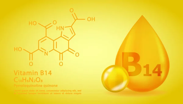 Realistico B14 Pirrolochinolina chinone Goccia vitaminica con formula chimica strutturale. Molecola di vitamina 3D B14 Disegno di pirrolochinolina chinone. Capsula pillola goccia. — Vettoriale Stock