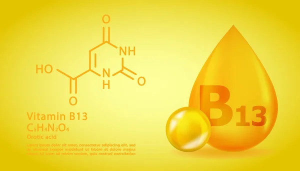 Realisztikus B13 szemantikus sav Vitamincsepp szerkezeti kémiai képlettel. 3D-vitamin molekula B13 Orotikus sav design. Dobja tabletta kapszula. — Stock Vector