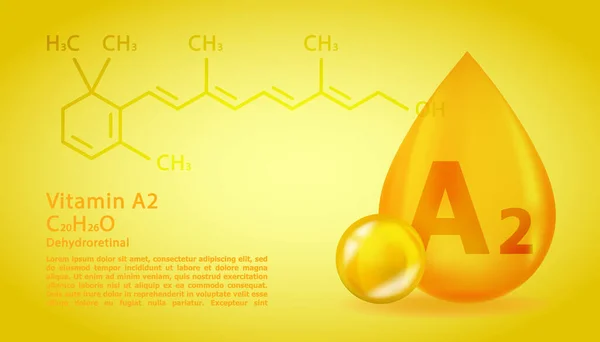 Realistyczny A2 Dehydroretinol Spadek witaminy o strukturalnym wzorze chemicznym. 3D Witamina molekuła A2 Dehydroretinol projekt. Kapsułka zawierająca tabletki. — Wektor stockowy
