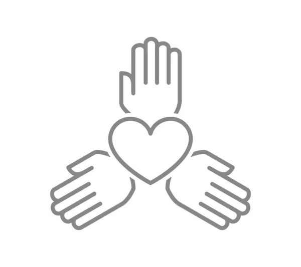 Drie handen cirkel met hartlijn icoon. Liefdadigheidsorganisatie, teamwork, donatiesymbool — Stockvector