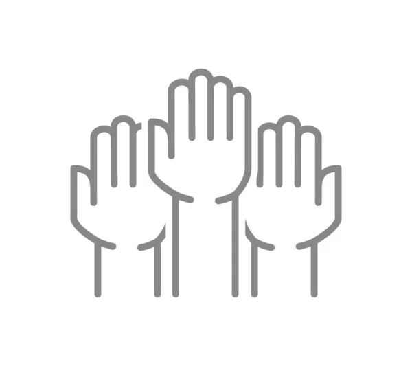 Drie verhoogde handen lijn icoon. Eenheid en teamwork symbool — Stockvector