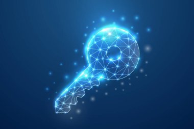 Mavi düşük polimerli noktalarla bağlı üç boyutlu anahtar sembolü. Güvenlik, gizli, özel tasarım konsepti çizimi. Mavi arkaplanda anahtar çokgeni.