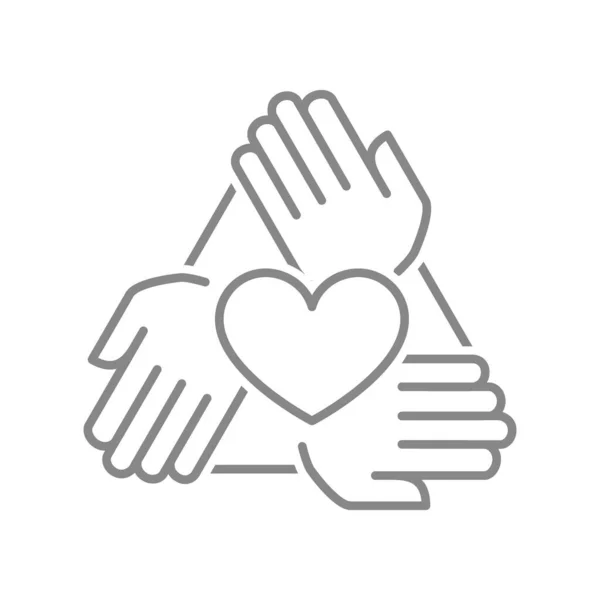 Trois mains avec icône de ligne de coeur. Support, symbole de travail d'équipe — Image vectorielle