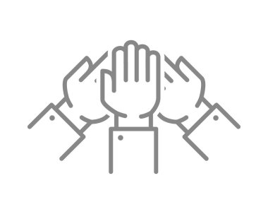 Takım çalışması ikonu. Üç el kaldırma, başarı, hayırseverlik sembolü