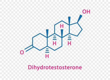 Dihydrotestosteron kimyasal formülü. Şeffaf arkaplanda izole edilmiş Dihydrotestosteron yapısal kimyasal formülü.