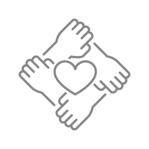 Καρδιά και τέσσερα χέρια γραμμή εικονίδιο. Δωρεά, σύμβολο αλληλεγγύης — Διανυσματικό Αρχείο