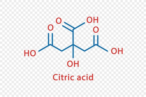 Zitronensäure chemische Formel. Zitronensäure strukturelle chemische Formel isoliert auf transparentem Hintergrund. — Stockvektor