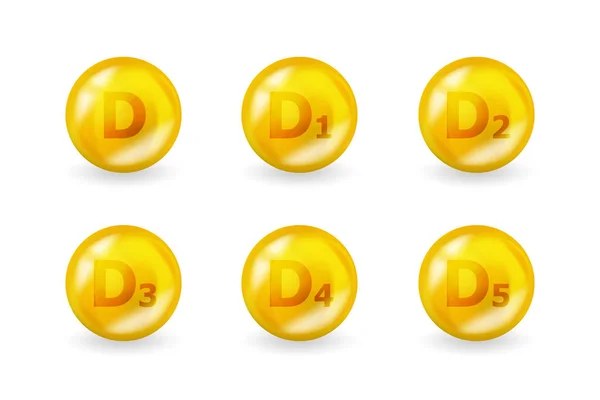 Sada vitamínového komplexu D. Vitamin D1, D2, D3, D4, D5 a další. Multivitaminový doplněk ilustrační koncept. Žlutý multivitamínový design. — Stockový vektor