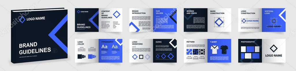 Brand Guidelines template. Dark blue Logo Guideline template. Multi-purpose Brand Manual presentation mockup. Logo Guide Book layout
