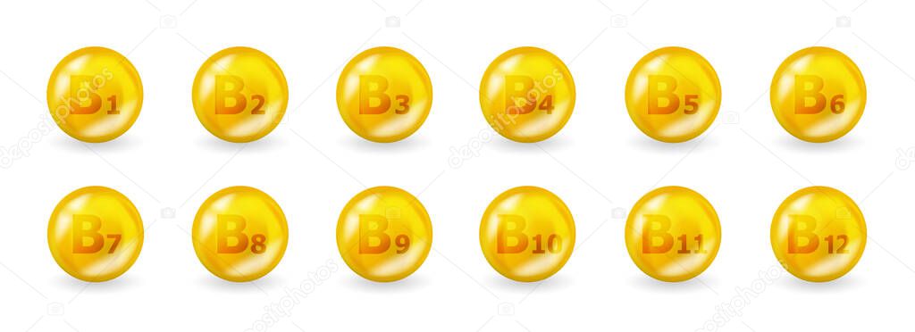 Set of B vitamin complex. Vitamin B1, B3, B6, B9, B12 and more. 3D Multivitamin supplement illustration concept.