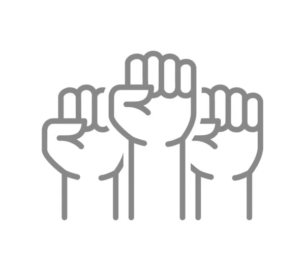 Three raised fists line icon. Volunteer, teamwork symbol — Stock Vector
