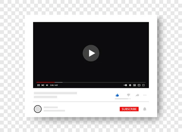 Video player interface with subscribe elements. Video full frame element for channel cover wireframe. Multimedia player interface mockup template — Stockvektor