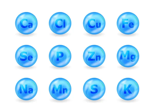 Set of mineral complex. Mineral K, Cl, Ca, Cu, Mn, Na, Fe, Mg, Se, Zn, S, P. Multimineral pill capsule supplement illustration concept. Blue drug nutrition design. — Stock Vector