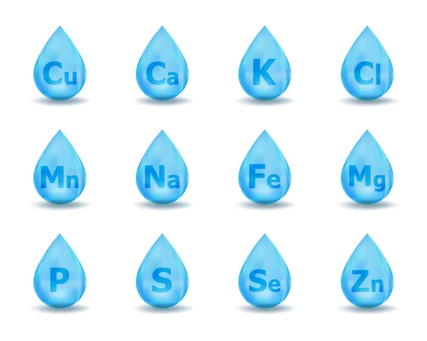 Set of mineral drop complex. Mineral K, Cl, Ca, Cu, Mn, Na, Fe, Mg, Se, Zn, S, P. Blue drug nutrition design. Multimineral pill capsule supplement illustration concept. — Stock vektor