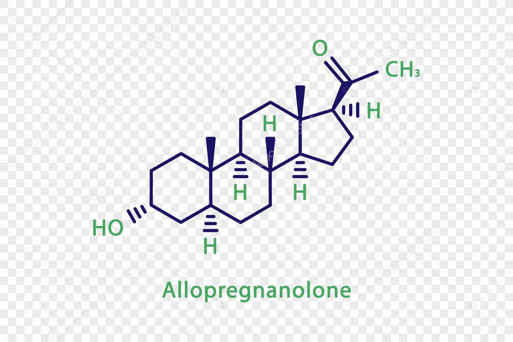 Allopregnanolone chemical formula. Allopregnanolone structural chemical formula isolated on transparent background.