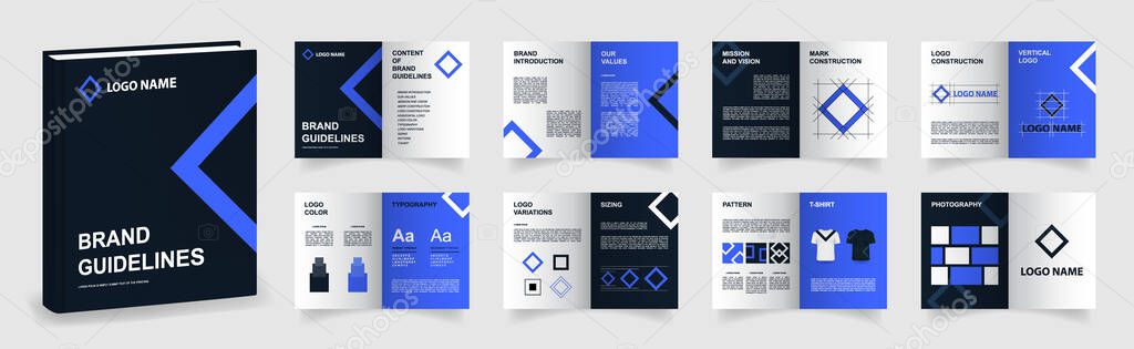 Dark blue Brand Guidelines template. Brand Manual presentation in A4 size. Logo Guideline mockup for corporate marketing and advertising. Logo Guide Book layout