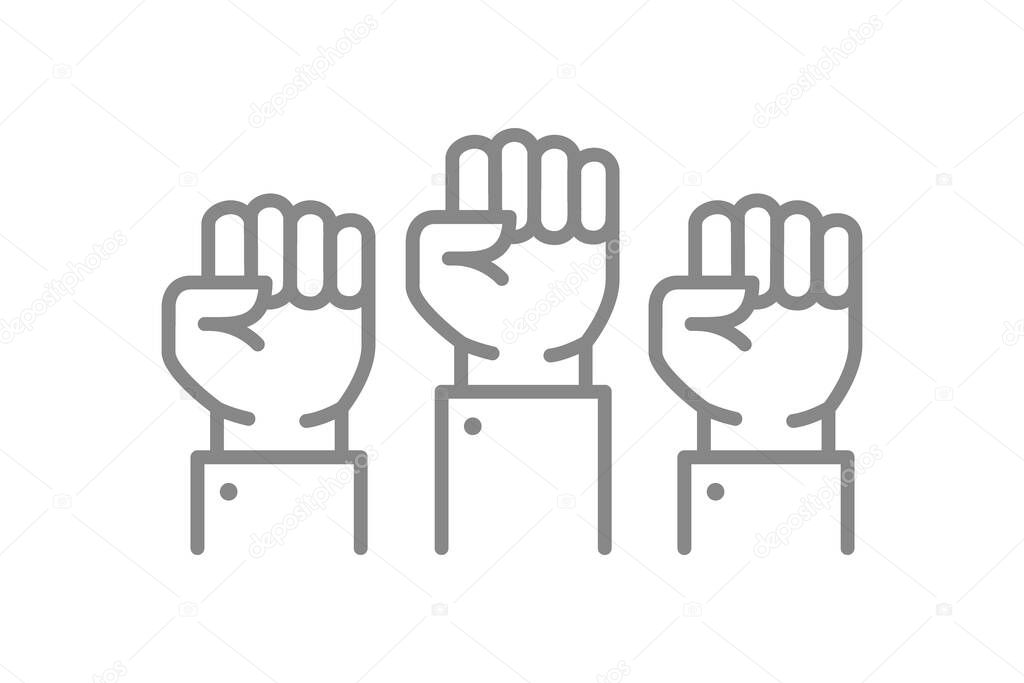 Clenched fists raised in protest line icon. Cooperation, teamwork symbol