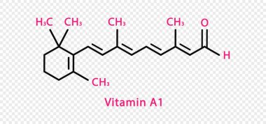 A1 vitamini kimyasal formülü. Şeffaf arkaplanda izole edilmiş A1 vitamini yapısal kimyasal formül.